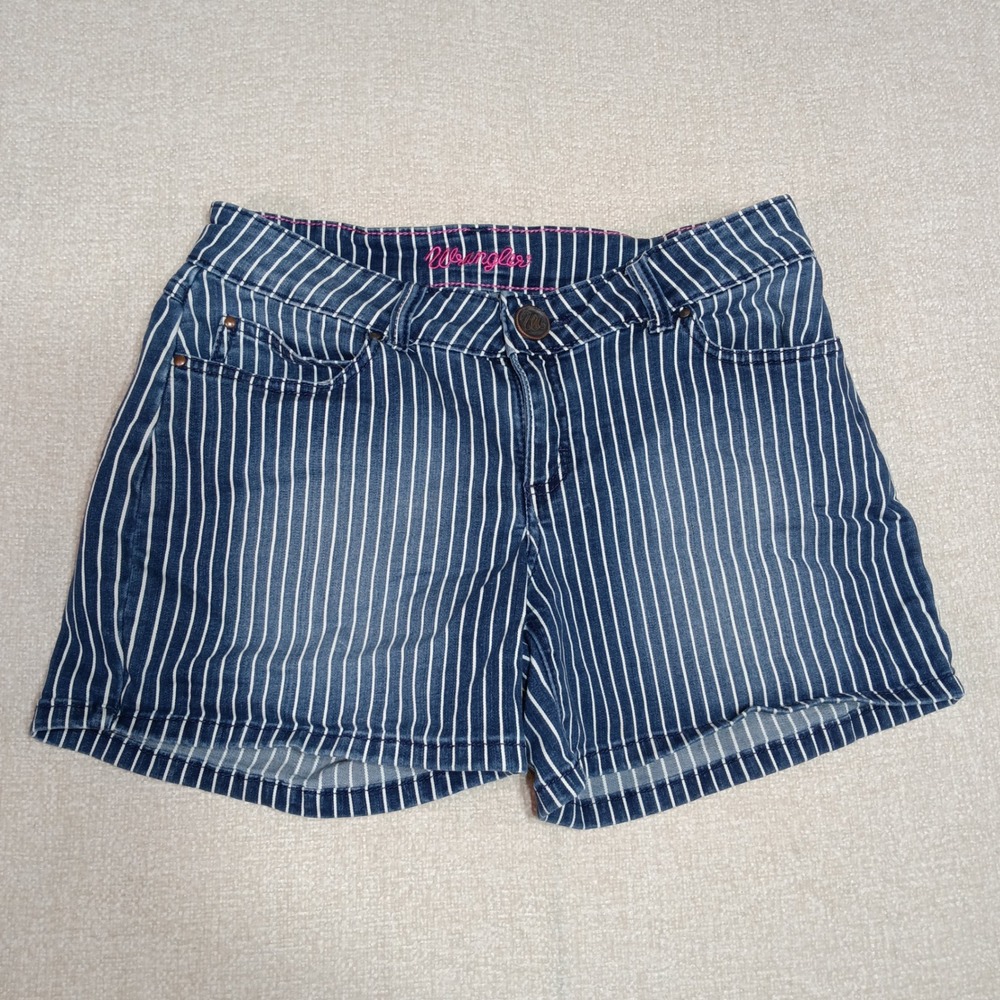 Wrangler Womens Blue White Vertical Striped Denim Shorts Size 7 Micro Western